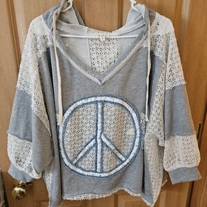 POL Gray and White Lace Hoodie with Peace Sign